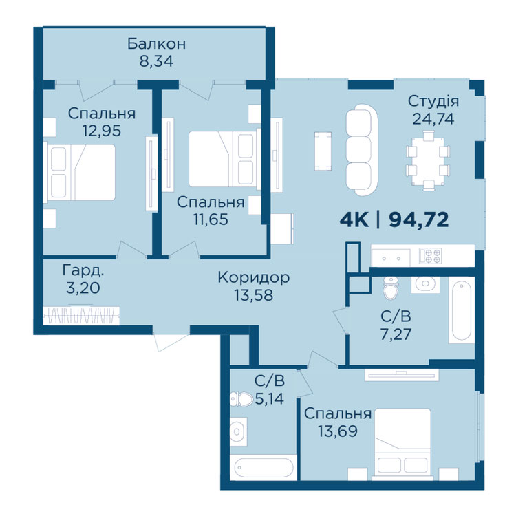 Планування квартири: 4 кімнати · будинок 4 · 94,72 м²