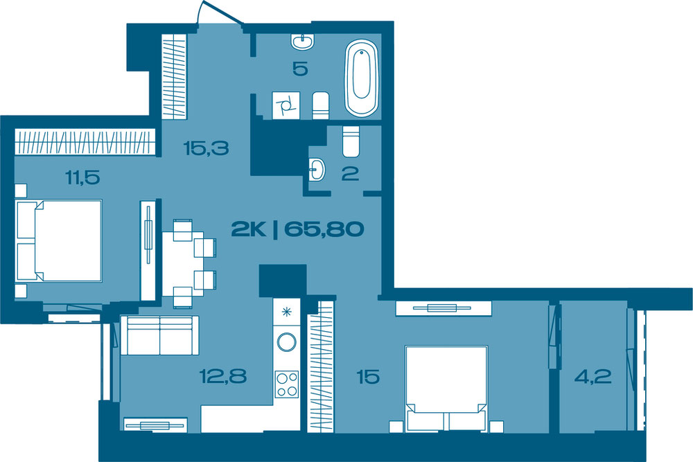Планування квартири: 2 кімнати · секція 2 · 64,83 м²