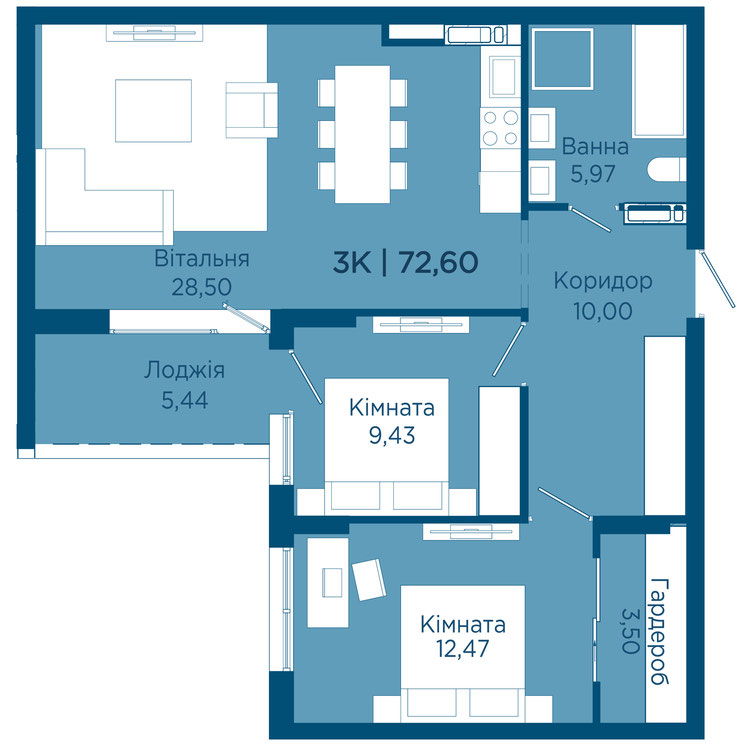 Планування квартири: 3 кімнати · будинок 6 · 77,90 м²